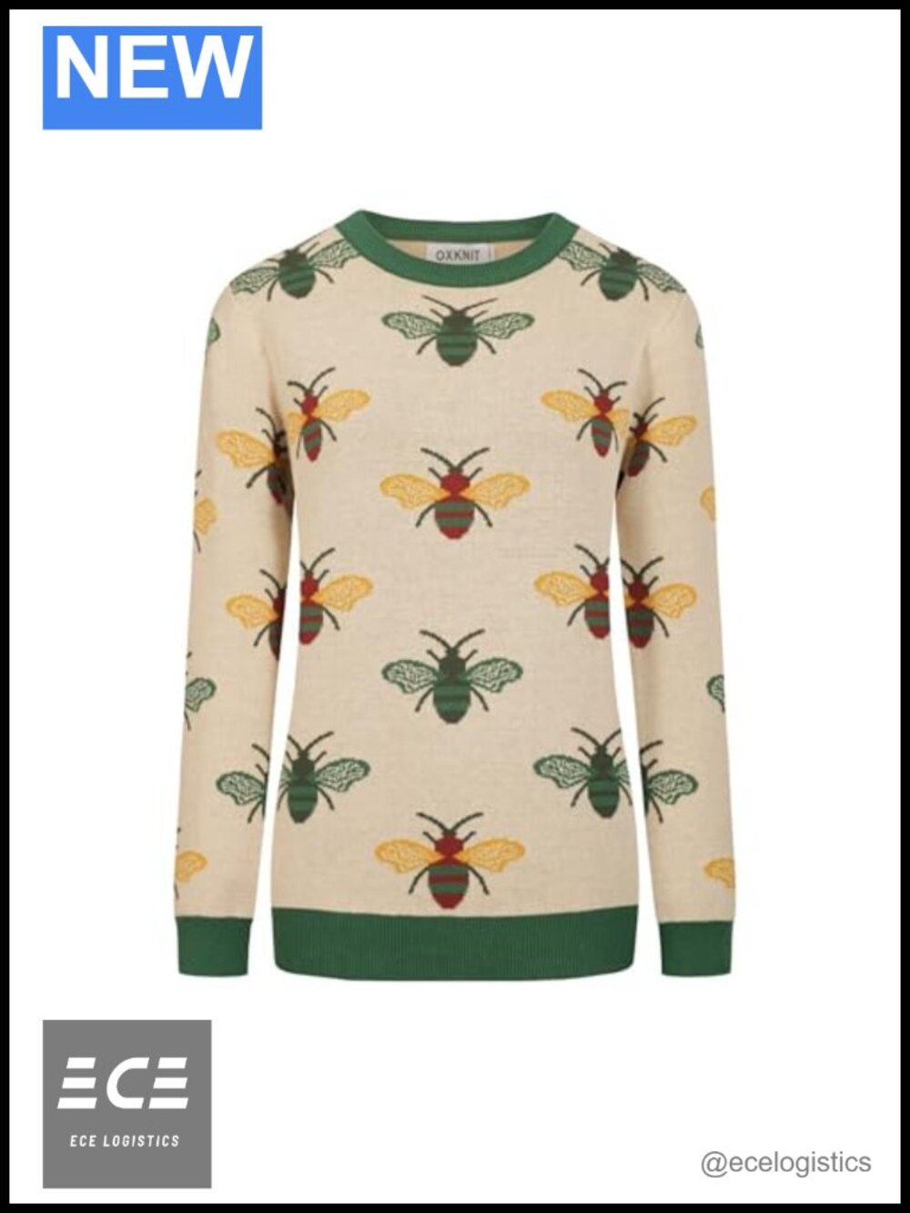 OXKNIT Women's Retro Bee Crewneck Knit Pullover Long Sleeve Sweater